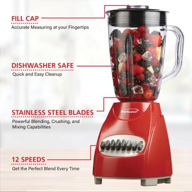 Brentwood® 42-Ounce 12-Speed + Pulse Electric Blender with Glass Jar (Red)