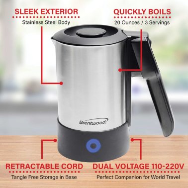 Brentwood® KT-1506S 1000-Watt 20-Oz. Dual-Voltage Stainless Steel Electric Travel Kettle, Automatic Shutoff