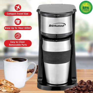 Brentwood® 700-Watt Portable Single-Serve Coffee Maker with 14-Oz. Travel Mug