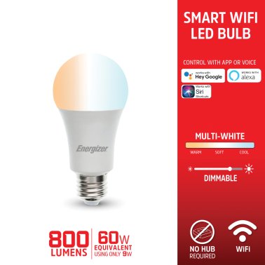 Energizer® Connect LED 11-Watt (60-Watt Equivalent) Multi-White Smart Bulb, A19 Bulb Shape, E26 Medium Base, Dimmable