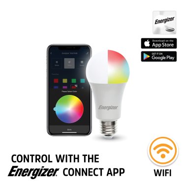 Energizer® Connect LED 11.5-Watt (60-Watt Equivalent) Bright White and Multicolor Smart Bulb, A19 Bulb Shape, E26 Medium Base, Dimmable