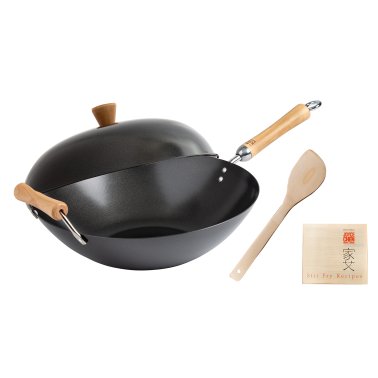 Joyce Chen® Classic Series Carbon Steel Nonstick Wok Set with Lid and Birch Handles, 4 Pieces, 14-In.