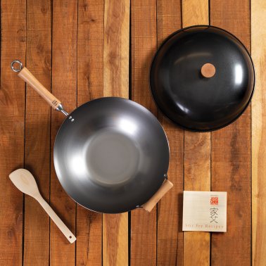 Joyce Chen® Classic Series Uncoated Carbon Steel Wok Set with Lid and Birch Handles, 4 Pieces, 14-In.