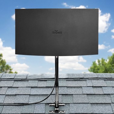 Mohu Sail Amplified Indoor Outdoor TV Antenna, 75-Mile Range, UHF VHF, Multi-Directional, 4K 8K UHD, NEXTGEN TV — with 20-In. Mast, 30-Ft. Cable (Black)