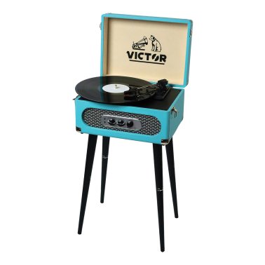 Victor® Andover Dual-Bluetooth® Belt-Drive 5-in-1 Suitcase-Style Record Player with Legs, VWRP-3200 (Turquoise)