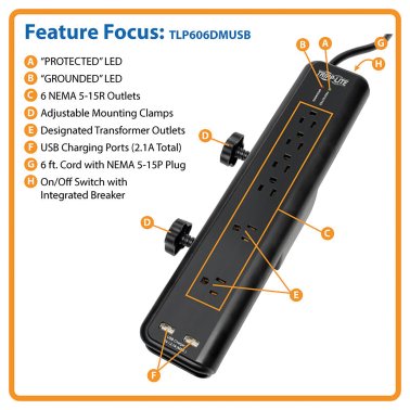 Tripp Lite® by Eaton® 6-Outlet Surge Protector with Clamps and 2 USB Ports