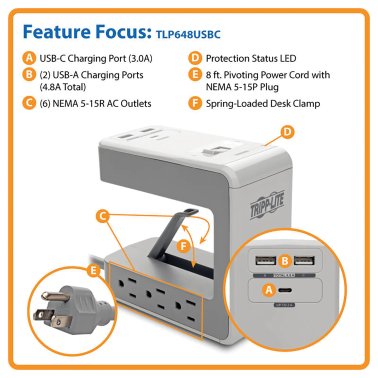 Tripp Lite® by Eaton® Protect It!® 6-Outlet Surge Protector Desk Clamp with 2 USB Ports and 1 USB-C® Port, 8 ft. Cord