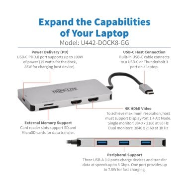 Tripp Lite® by Eaton® Dual-Display 8-Port USB-C® Dock, 100-Watt PD Charging, Gray