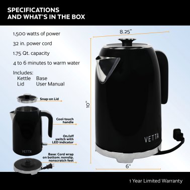 VETTA 1.75-Qt. Stainless Steel Retro Electric Kettle with Strix® Controller, Black