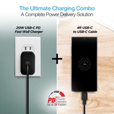 Naztech® 20-Watt Power Delivery USB-C® Wall Charger and USB-C® to USB-C® 4-Foot Cable