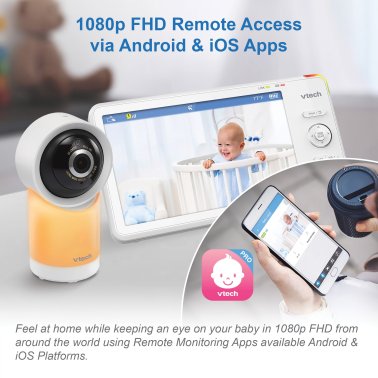 VTech® RM77662HD Smart Wi-Fi® 1080p 2-Camera 360°-Pan-and-Tilt Video Baby Monitor System with 7-In. Display, Night-Light, and Remote Access, White