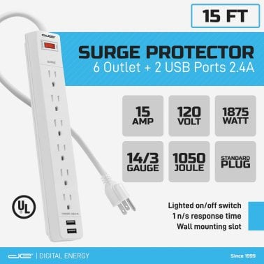 Digital Energy® 6-Outlet Surge Protector Power Strip with 2 USB Ports (180 In.; White)