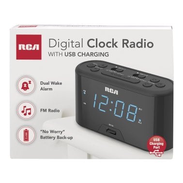 RCA Digital Radio Alarm Clock with Large Numbers and USB Charging, RC571