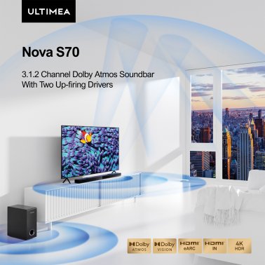 Ultimea Nova S70 3.1.2-Channel True Dolby Atmos® 31.5-In. Sound Bar with Subwoofer, Black