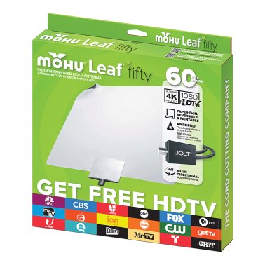 Mohu Leaf 50 Original Paper-Thin Indoor TV Antenna, Amplified, UHF VHF, 60-Mile Range, Multi-Directional, 4K UHD, NEXTGEN TV with 12-Ft. Cable