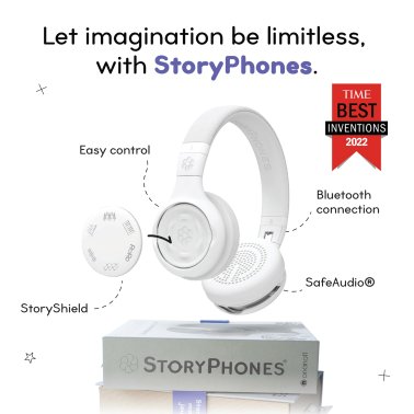 ONANOFF® StoryPhones® Storytelling Foldable Bluetooth® Kids Headphones, Intro Bundle with ZenShield and PlayShield (White)