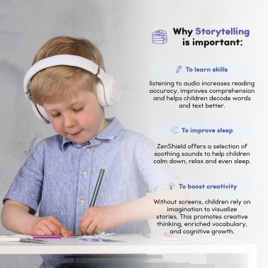 ONANOFF® StoryPhones® Storytelling Foldable Bluetooth® Kids Headphones, Intro Bundle with ZenShield and PlayShield (White)