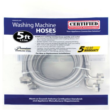 Certified Appliance Accessories 2 pk Braided Stainless Steel Washing Machine Hoses with Elbow, 5ft