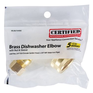 Certified Appliance Accessories® Dishwasher Elbow with Nut & Compression Ferrule, 3/4" FGH (Female Garden Hose) x 3/8" MIP (Male Iron Pipe)