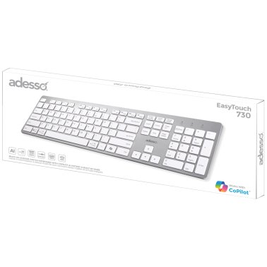 Adesso® USB-C® Full-Sized Mechanical Keyboard with CoPilot AI™ Hotkey and Built-in USB and 3.5-mm Aux Ports, Multi-OS, Slim, EasyTouch 730, Silver