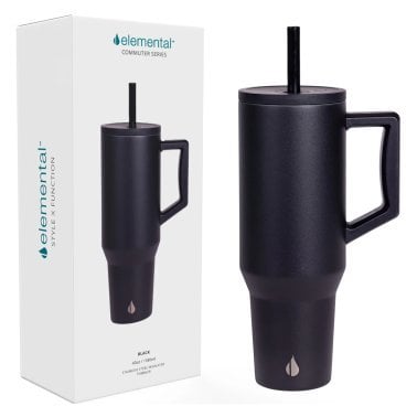 Elemental® Commuter Series Stainless Steel 40-Oz Commuter Insulated Tumbler with 2 Straws and Handle (Black)