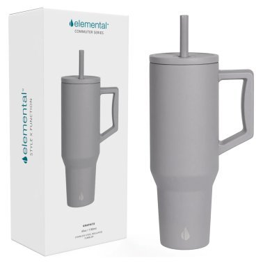 Elemental® Commuter Series Stainless Steel 40-Oz Commuter Insulated Tumbler with 2 Straws and Handle (Graphite)