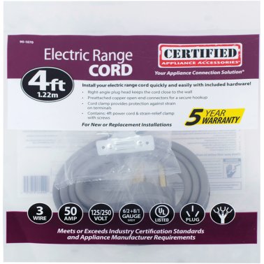 Certified Appliance Accessories® 3-Wire Open-End-Connector 50-Amp Range Cord, 4ft