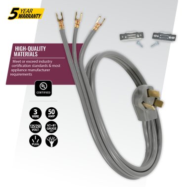 Certified Appliance Accessories® 3-Wire Open-End-Connector 50-Amp Range Cord, 4ft