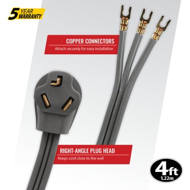 Certified Appliance Accessories® 3-Wire Open-End-Connector 30-Amp Dryer Cord, 4ft