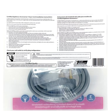 Certified Appliance Accessories® 3-Wire Open-End-Connector 30-Amp Dryer Cord, 4ft