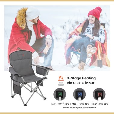 Arrowhead Outdoor® Portable Folding USB-Heated Camping Chair with 6-Can Armrest Cooler, Gray