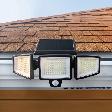 Insert Toolless Products Easy-Install 1,000-Lumen Gutter-Mount Triple-Head Solar Security Light, Black