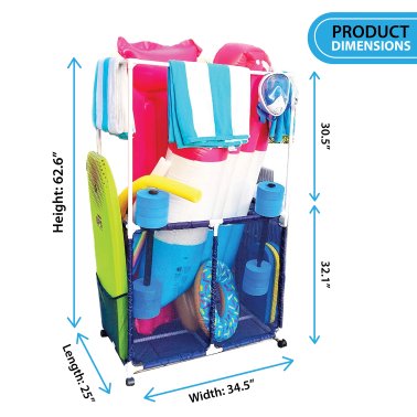 Pool Bins Pool Storage Mesh Rolling Organizer with Towel Hanger Bars, Large, Blue