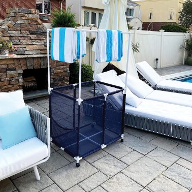 Pool Bins Pool Storage Mesh Rolling Organizer with Towel Hanger Bars, Large, Blue