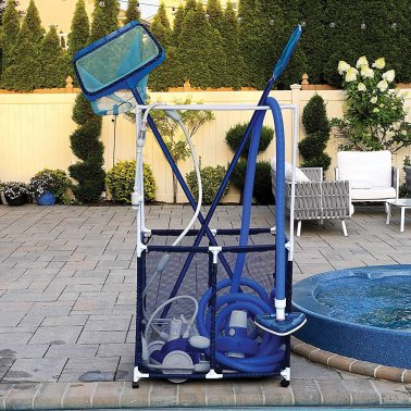 Pool Bins Pool Storage Mesh Rolling Organizer with Towel Hanger Bars, Large, Blue