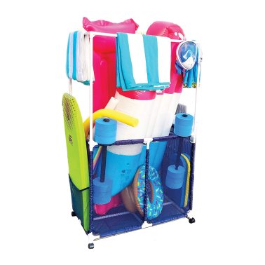 Pool Bins Pool Storage Mesh Rolling Organizer with Towel Hanger Bars, Large, Blue