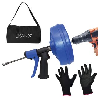 DrainX® SPINFEED Drum Auger Drain Snake, Auto Extend and Retract, with Work Gloves and Carrying Bag (35 Ft.)