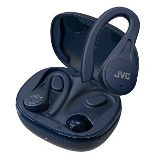 JVC® Fitness TWS Bluetooth® In-Ear Earbuds with Mic, Earhooks, and Charging Case, up to 30 Hours Play Time, IPX5 Waterproof, HA-EC25T (Blue)
