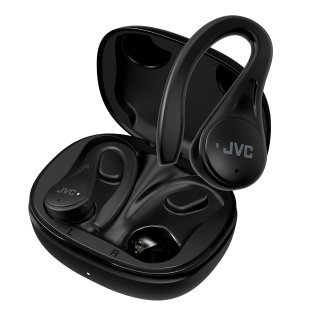 JVC® Fitness TWS Bluetooth® In-Ear Earbuds with Mic, Earhooks, and Charging Case, up to 30 Hours Play Time, IPX5 Waterproof, HA-EC25T (Black)