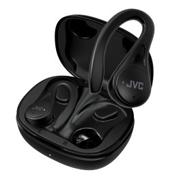 JVC® Fitness TWS Bluetooth® In-Ear Earbuds with Mic, Earhooks, and Charging Case, up to 30 Hours Play Time, IPX5 Waterproof, HA-EC25T (Black)