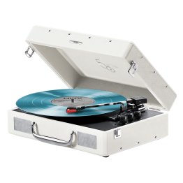 Mixx® 5-Watt Revival 55 3-Speed Belt-Drive Manual Suitcase Vinyl Record Player with Built-in Speakers, Bluetooth® In/Out, Aux, and 45-RPM Adapter (Cream)